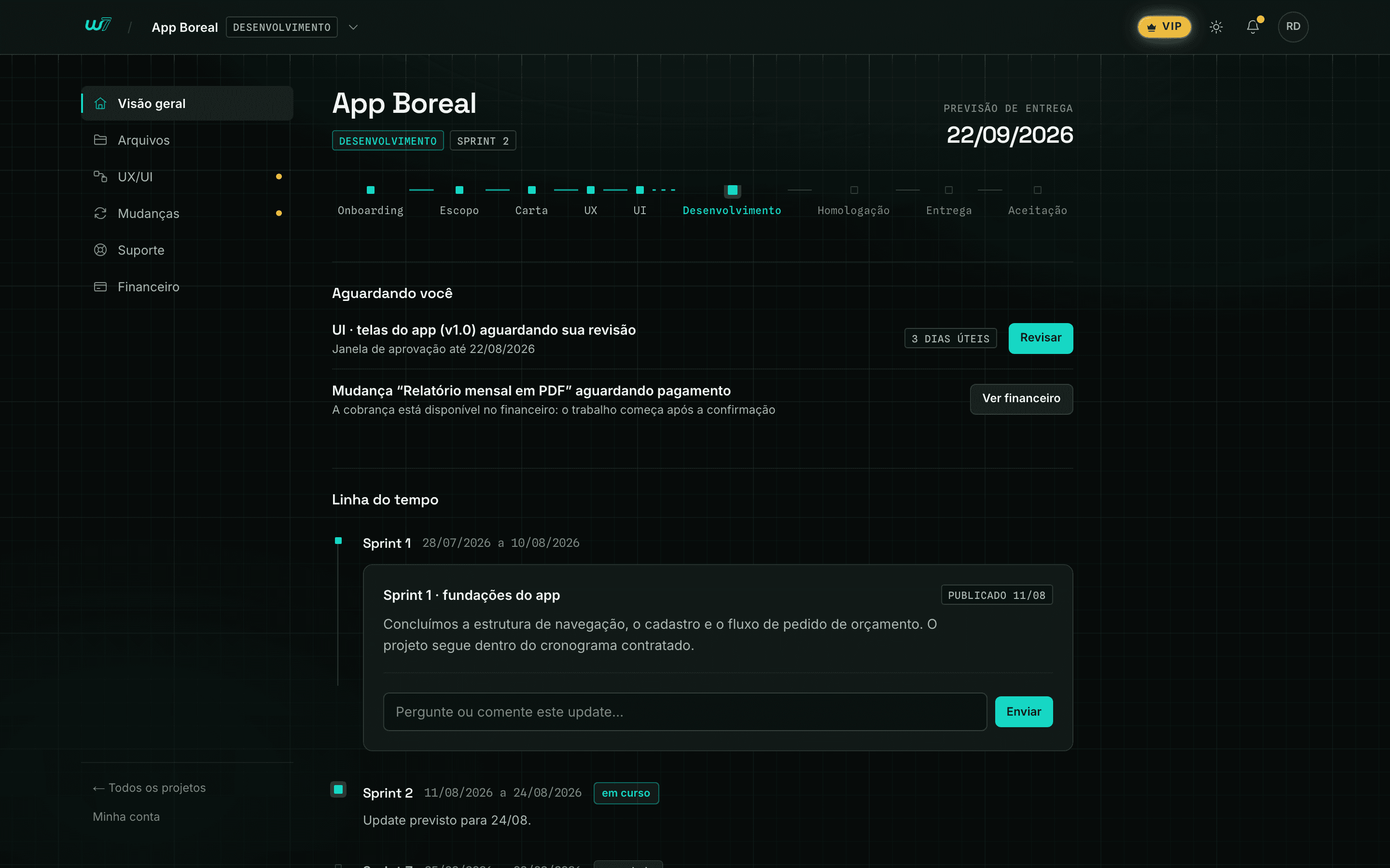 Portal Web7 no computador: visão geral do projeto com cronograma plotado, pendências e linha do tempo dos sprints