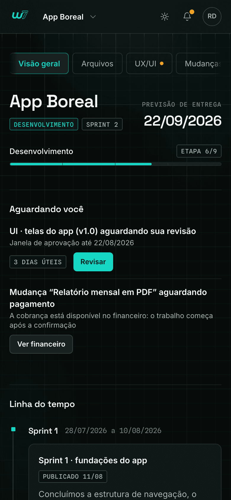 Portal Web7 no celular: visão geral do projeto com previsão de entrega, progresso das etapas e pendências aguardando o cliente